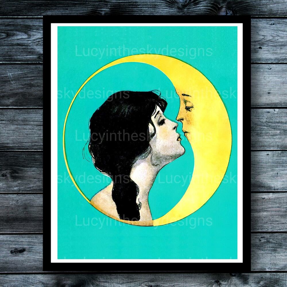 Lady Kissing Moon Vintage Surreal Painting Moon Star Celestial Art Print